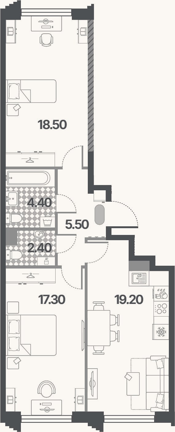 Планировка: 3-к, 67,3 м²