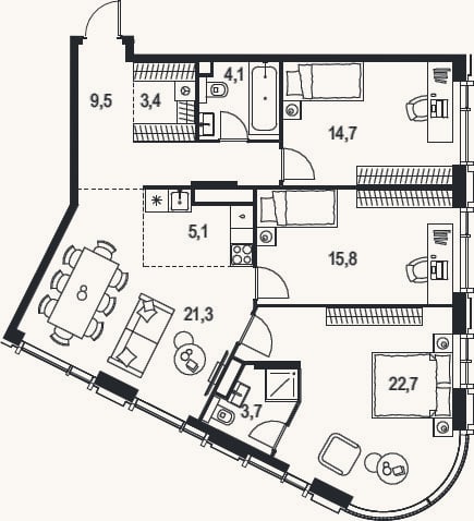 Планировка: 4+ к, 100,3 м²