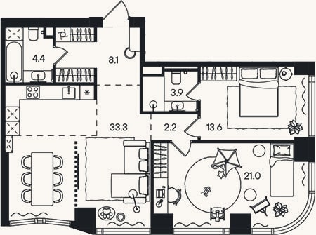 Планировка: 3-к, 86,5 м²