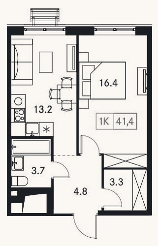 Планировка: 1-к, 41,4 м²