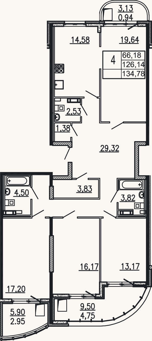 Планировка: 4+ к, 126,1 м²