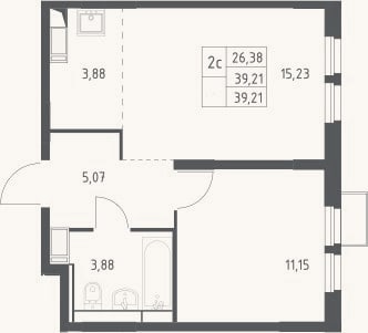 Планировка: 2-к, 39,2 м²