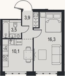 Планировка: 1-к, 33,8 м²