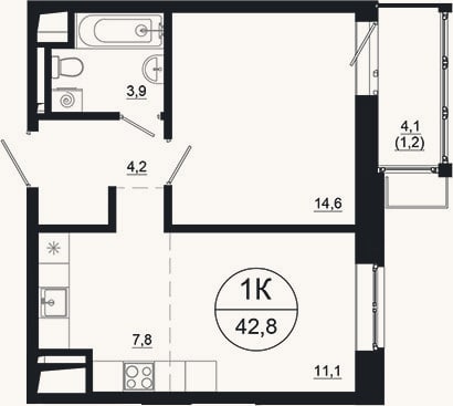 Планировка: 2-к, 41,6 м²