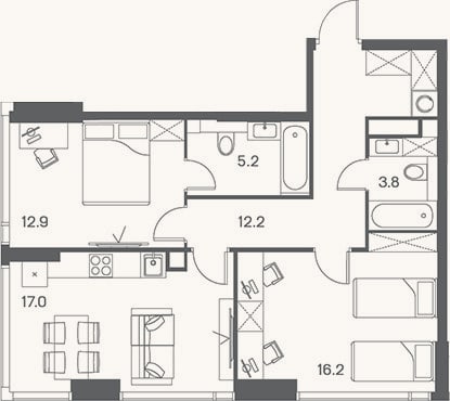 Планировка: 3-к, 67,3 м²