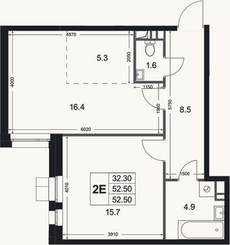 Планировка: 2-к, 52,5 м²