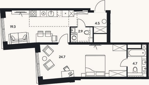 Планировка: 2-к, 56,1 м²