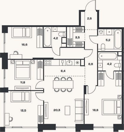 Планировка: 4+ к, 113,9 м²