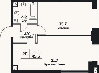 Планировка: 2-к, 45,5 м²