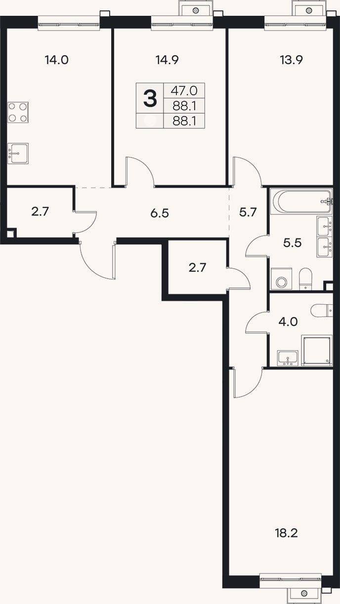 Планировка: 3-к, 88,1 м²