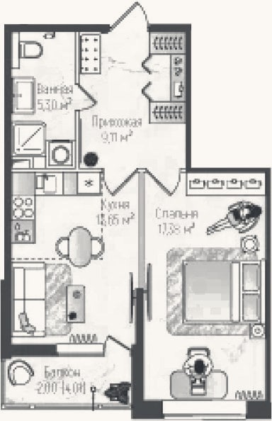 Планировка: 1-к, 45,4 м²