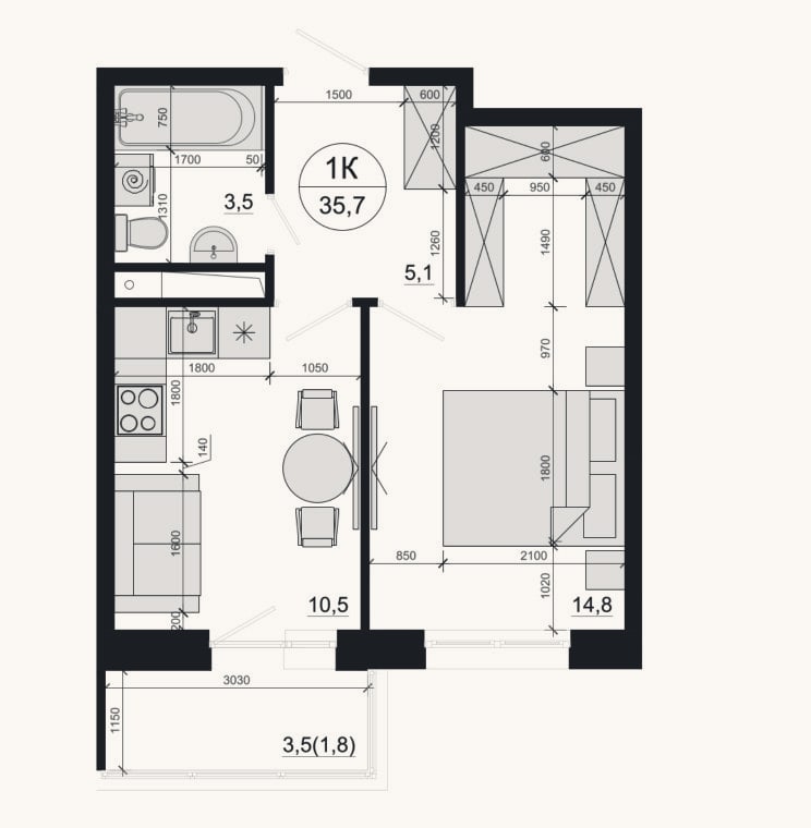 Планировка: 1-к, 33,9 м²