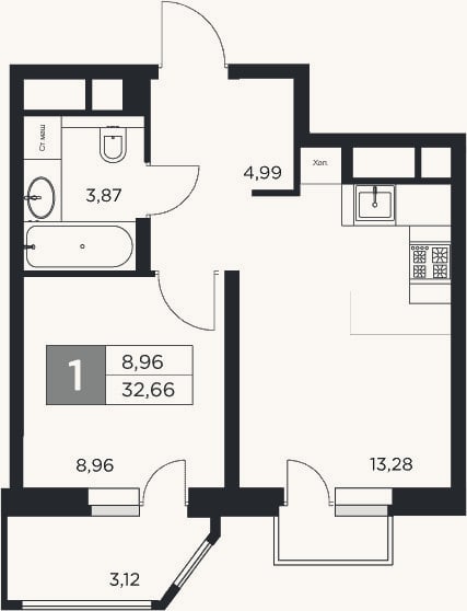 Планировка: 1-к, 31,1 м²