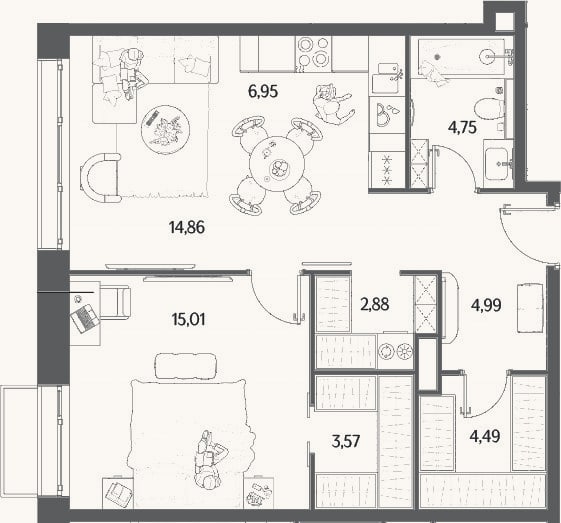 Планировка: 2-к, 57,5 м²