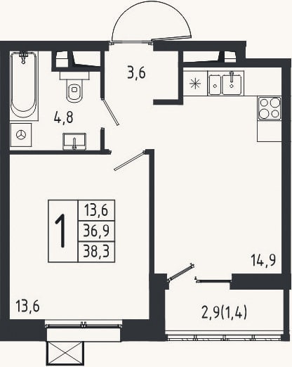 Планировка: 1-к, 36,9 м²