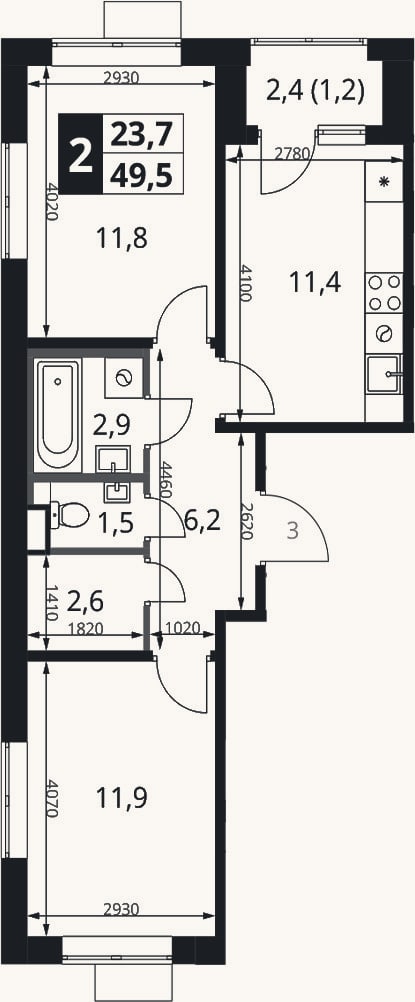 Планировка: 2-к, 48,3 м²