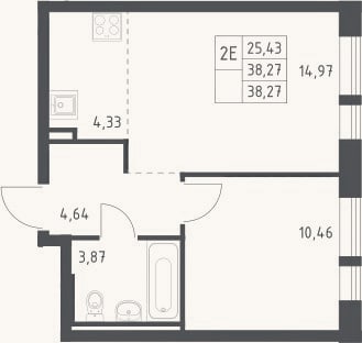 Планировка: 2-к, 38,3 м²