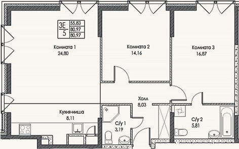 Планировка: 3-к, 81 м²