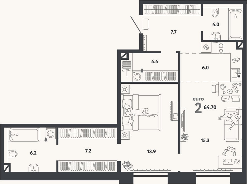 Планировка: 2-к, 64,7 м²