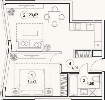 Планировка: 2-к, 48,5 м²