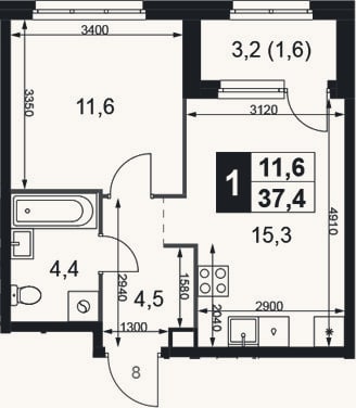 Планировка: 2-к, 35,8 м²