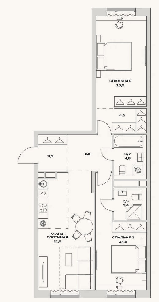 Планировка: 3-к, 74,3 м²
