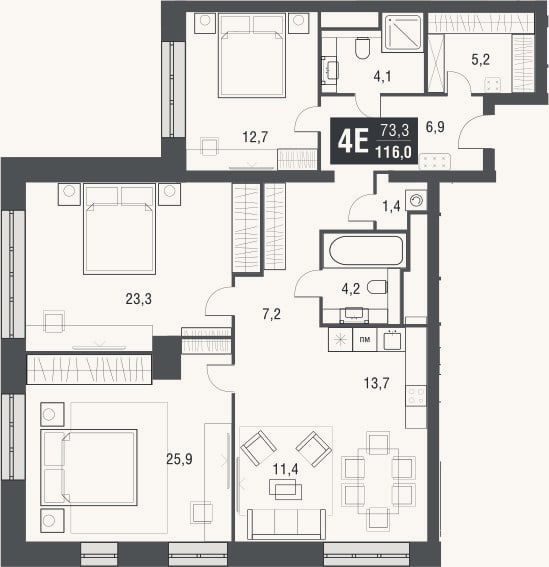 Планировка: 4+ к, 115,6 м²
