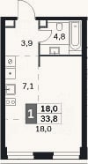 Планировка: Студия, 33,8 м²