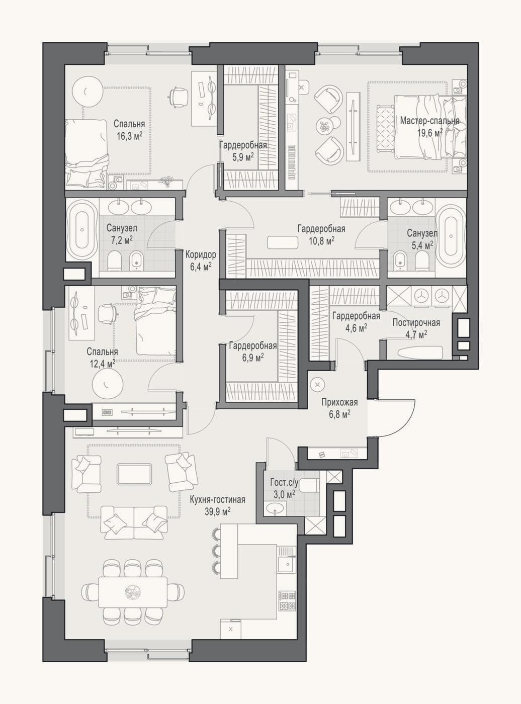 Планировка: 4+ к, 157 м²