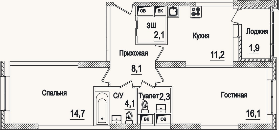 Планировка: 2-к, 58,6 м²