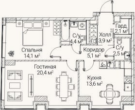 Планировка: 2-к, 65,8 м²