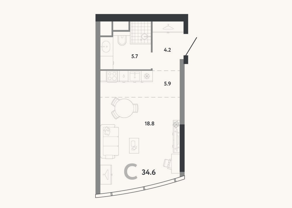 Планировка: Студия, 34,6 м²