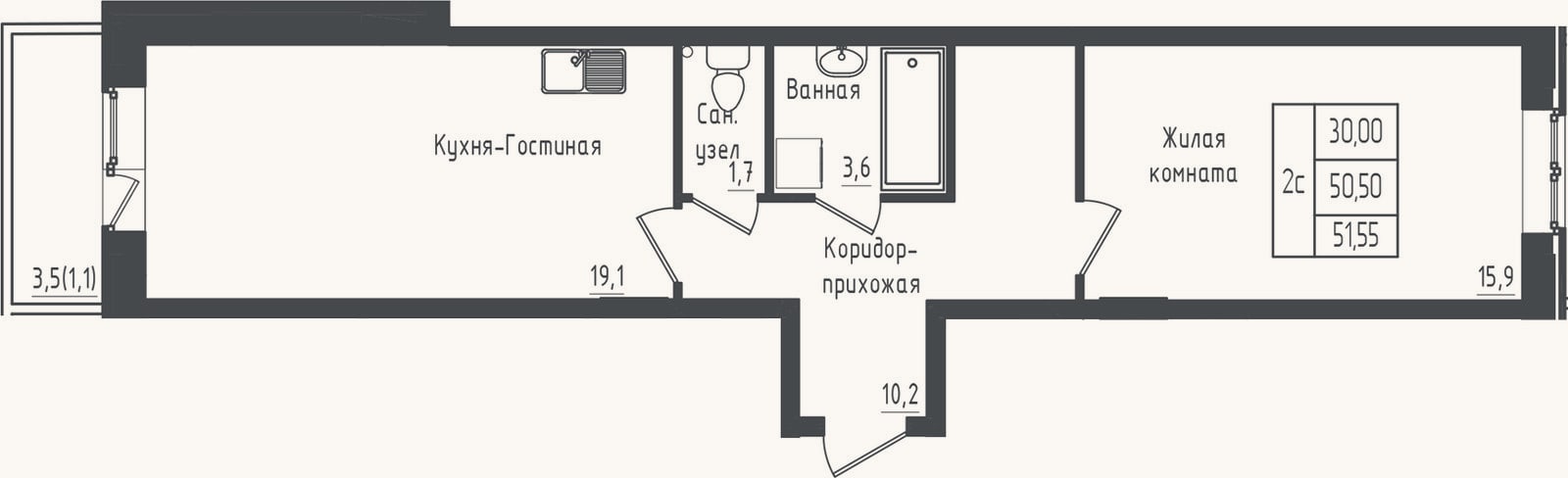 Планировка: 1-к, 50,5 м²