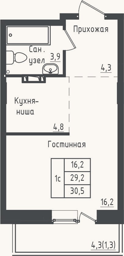 Планировка: Студия, 29,2 м²