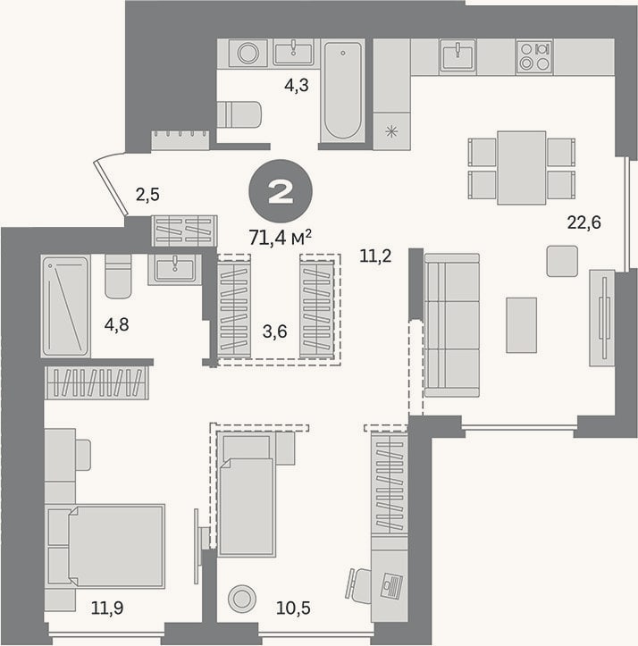 Планировка: 2-к, 71,4 м²