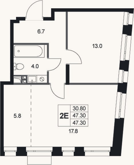 Планировка: 2-к, 47,3 м²