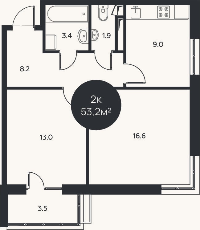 Планировка: 2-к, 52,1 м²