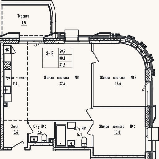 Планировка: 3-к, 80,1 м²
