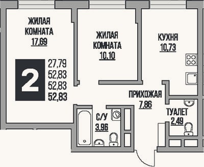 Планировка: 2-к, 52,8 м²