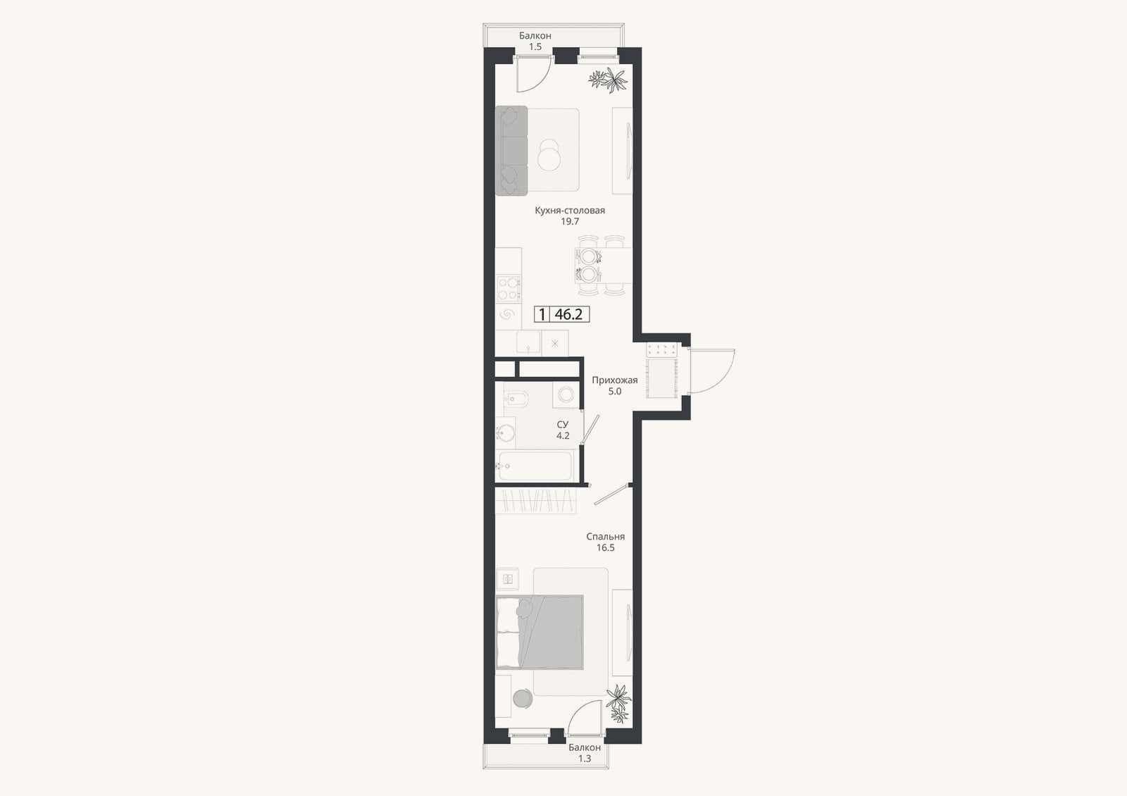 Планировка: 2-к, 45,4 м²
