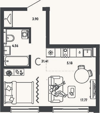 Планировка: Студия, 31,4 м²