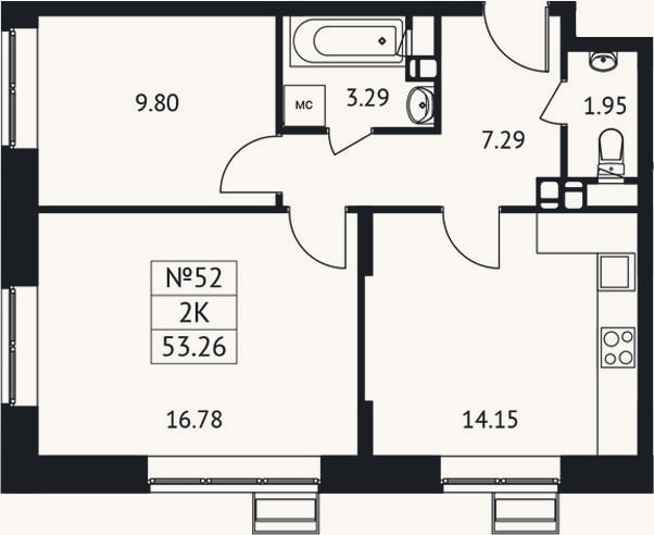 Планировка: 2-к, 53,3 м²