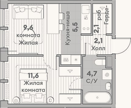 Планировка: 2-к, 35,6 м²