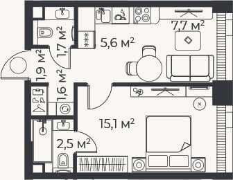 Планировка: 2-к, 36,2 м²