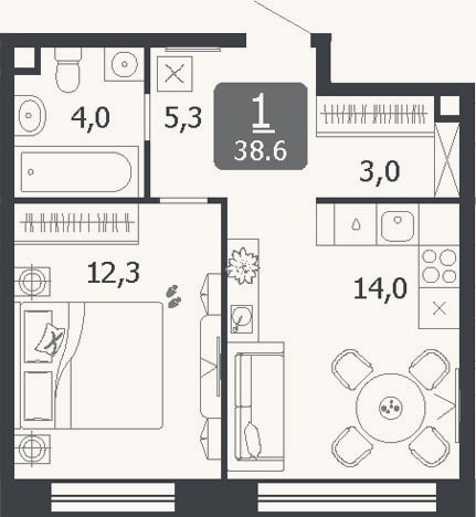 Планировка: 1-к, 38,6 м²