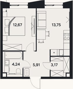 Планировка: 1-к, 39,7 м²