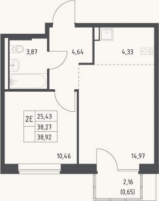 Планировка: 2-к, 38,3 м²