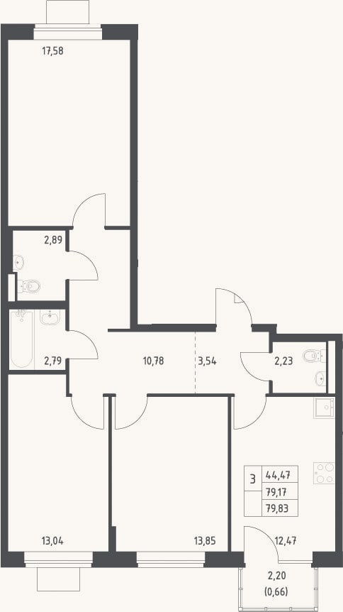 Планировка: 3-к, 79,2 м²