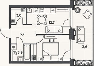 Планировка: 2-к, 36,8 м²