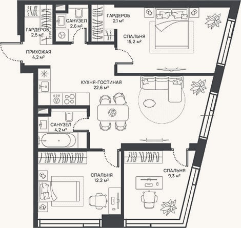 Планировка: 4+ к, 74,9 м²